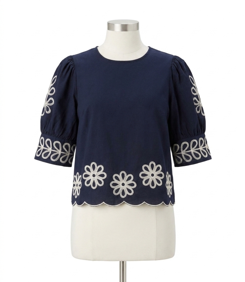 NEW KAREN KANE embroidered blouson sleeve scallop top - petite in navy
